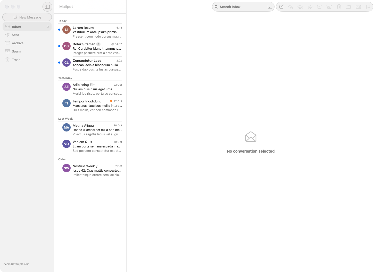 Mailpot showing the inbox grouped by date and an open message